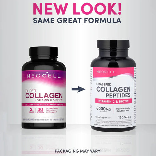 NeoCell Grassfed Collagen Peptides + Vitamin C & Biotin – 180 Tablets
