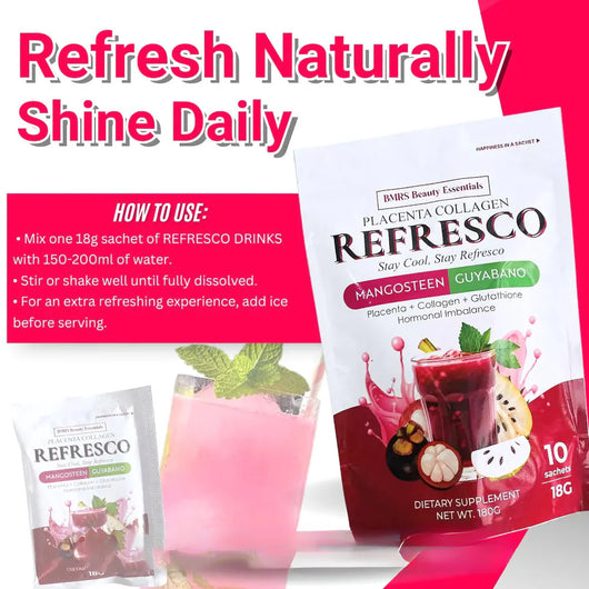 BMRS Beauty Essentials Placenta Collagen Refresco – Mangosteen Guyabano (10 × 18g)